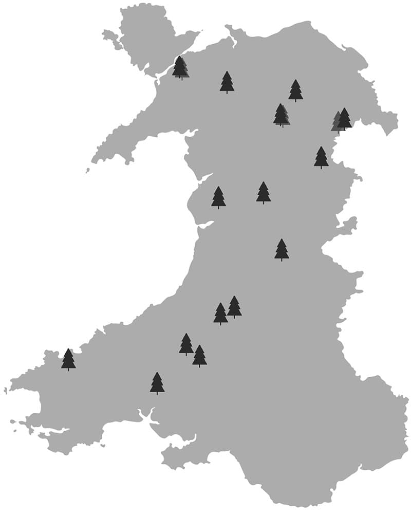 Map showing woodlands in Wales